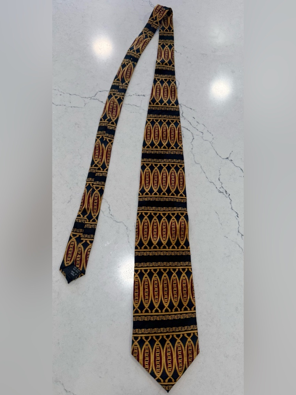 Trevi Men's Tie 100% Silk Woven Pointed Geometric Pattern Navy Gold Burgundy